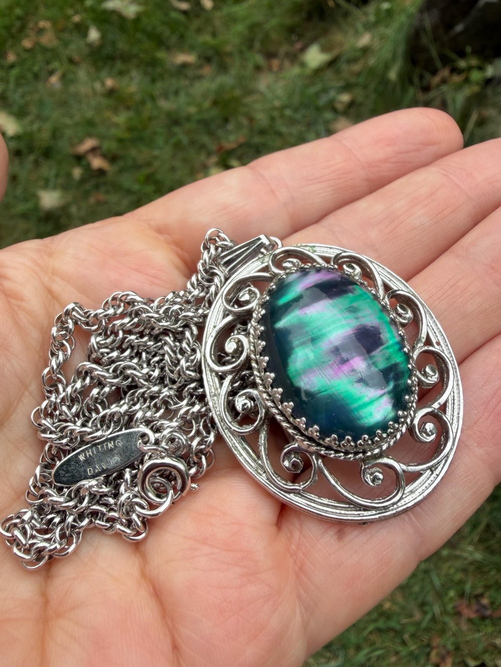 Vintage Whiting & Davis Iridescent Purple Green Silver Filigree Pendant Necklace - Picture 4 of 14